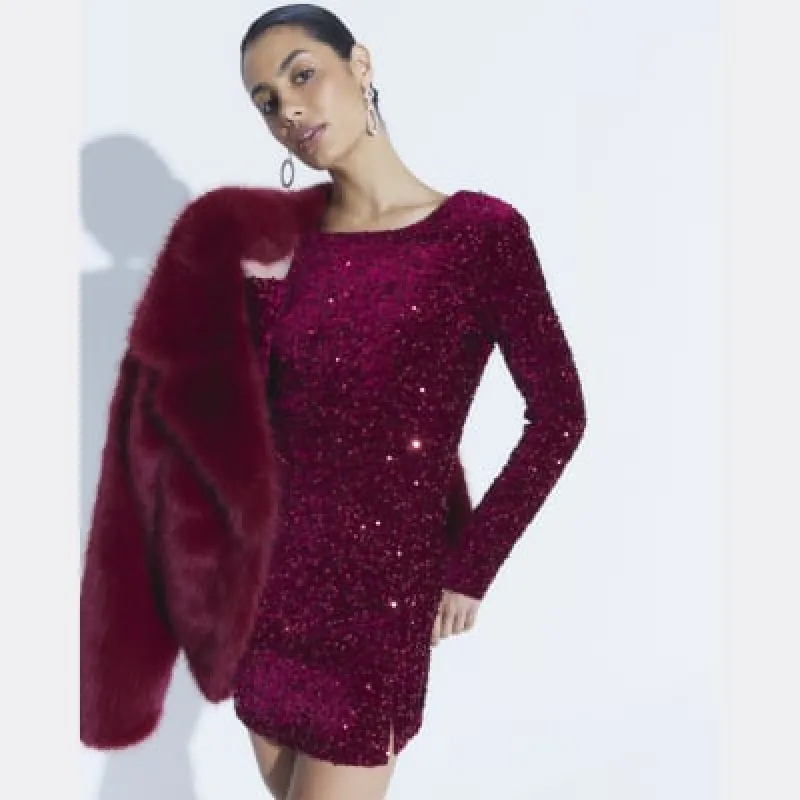 Red Long Sleeved Sequin Mini Dress sold by River Island