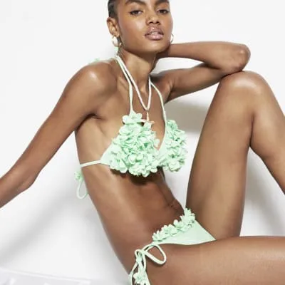 Green 3D Floral Triangle Bikini Top sold by River Island