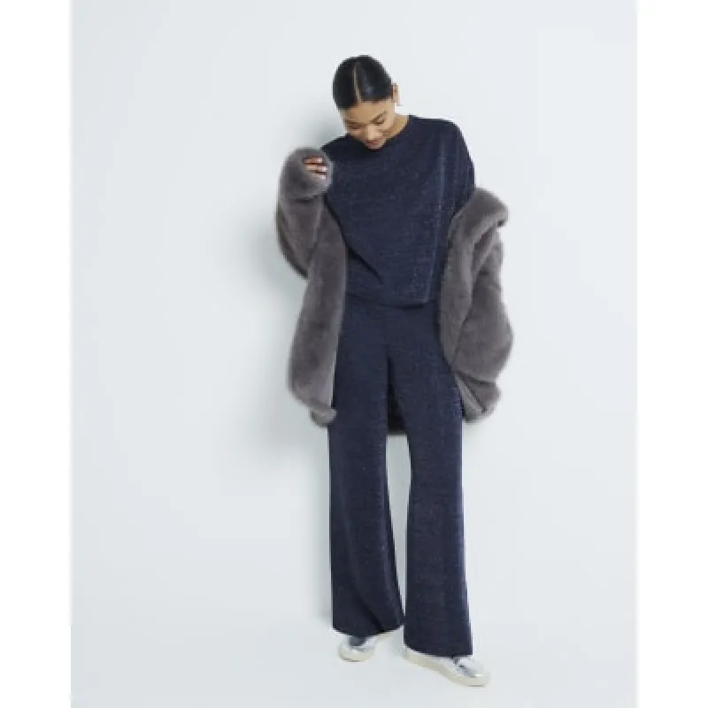 Navy Crochet Wide Leg Trousers sold by River Island