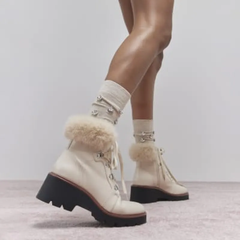 Cream Faux Fur Trim Wedged Hiking Boots sold by River Island