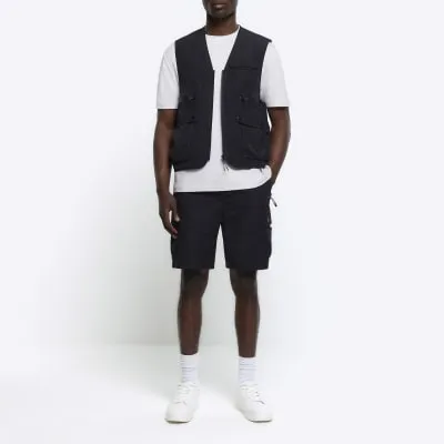 Black regular fit utility cargo shorts sold by River Island