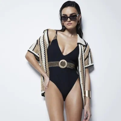 Black Textured Plunge Swimsuit sold by River Island