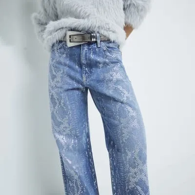 Petite Blue Relaxed Straight Snake Jeans sold by River Island