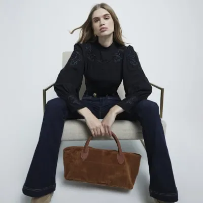 Black Lace Puff Long Sleeve Top sold by River Island