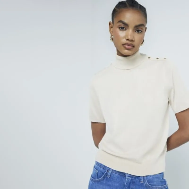 Beige Roll Neck Button Shoulder T-Shirt sold by River Island
