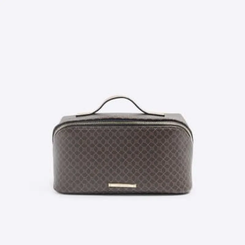 Brown Faux Leather RI Monogram Make Up Bag sold by River Island
