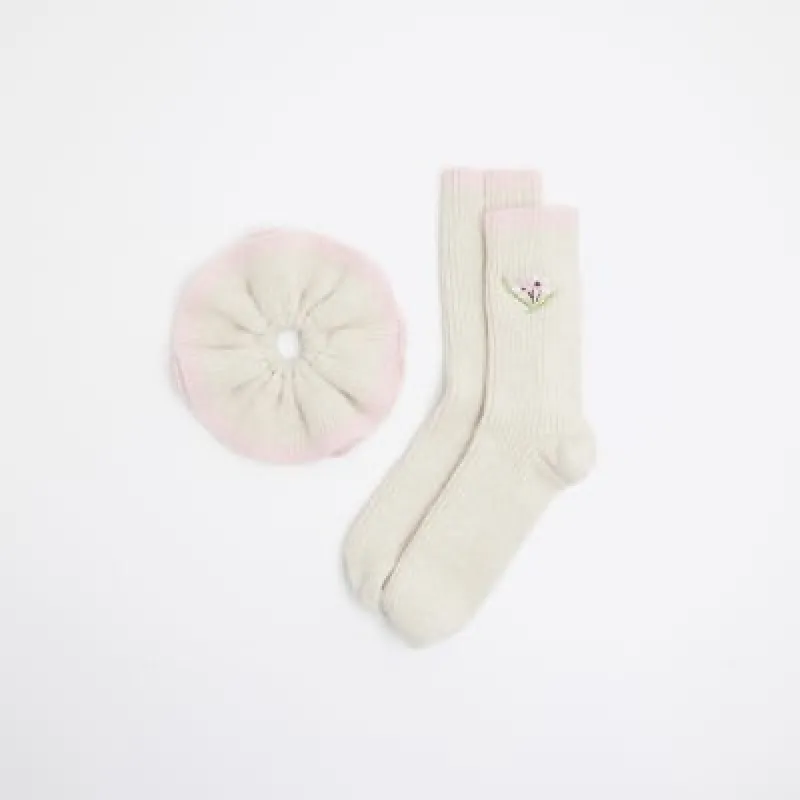 Cream Knitted Socks and Scrunchie Set sold by River Island