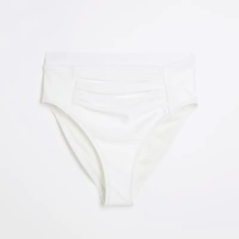 White High Waisted Ruched Bikini Brief made by River Island