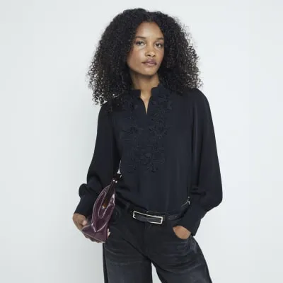 Black floral detail long sleeve Blouse sold by River Island
