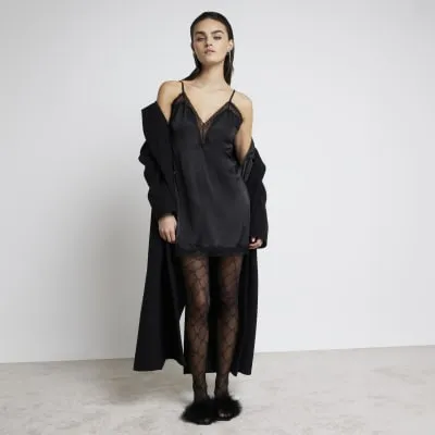 Black Satin Lace Slip Dress sold by River Island