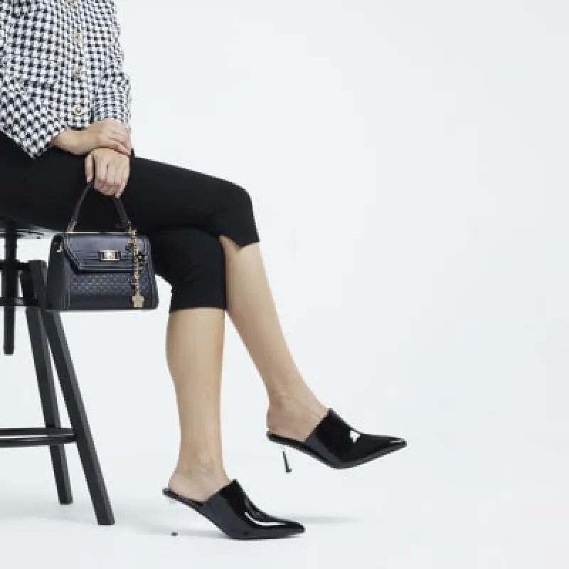 Black Patent Pointed Heel Court Mules sold by River Island