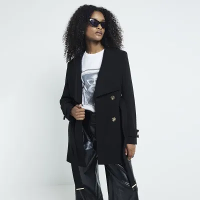 Black Short Belted Wrap Coat sold by River Island