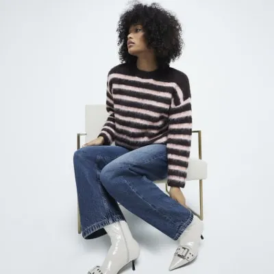 Brown Long Sleeve Striped Hairy Jumper sold by River Island