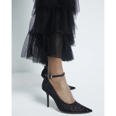 Black Mesh Ankle Tie Embellished Court Shoes sold by River Island