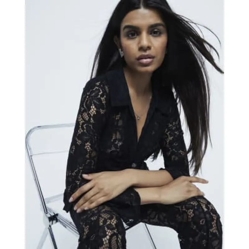 Petite Black Long Sleeve Lace Shirt sold by River Island