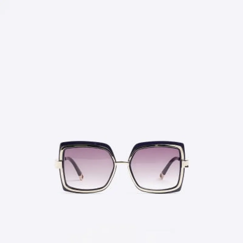 Navy Oversized Metal Square Sunglasses sold by River Island
