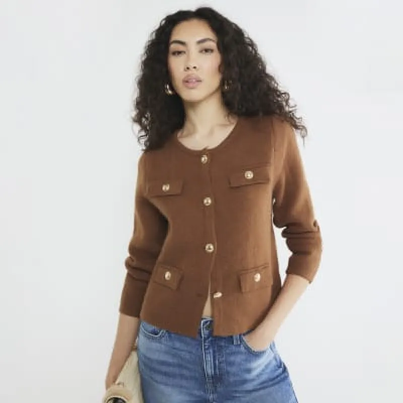 Brown Knit Button Pocket Cardigan sold by River Island