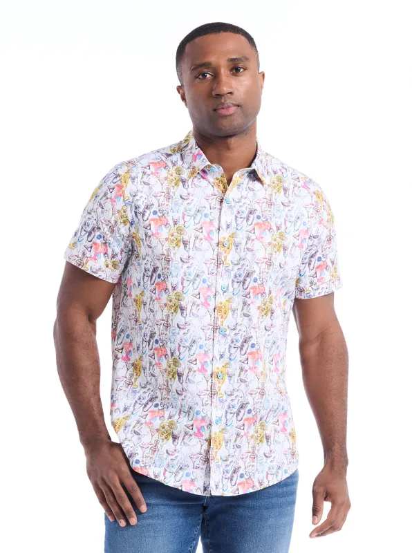DRINKS ON ME SHORT SLEEVE BUTTON DOWN SHIRT made by Robert Graham