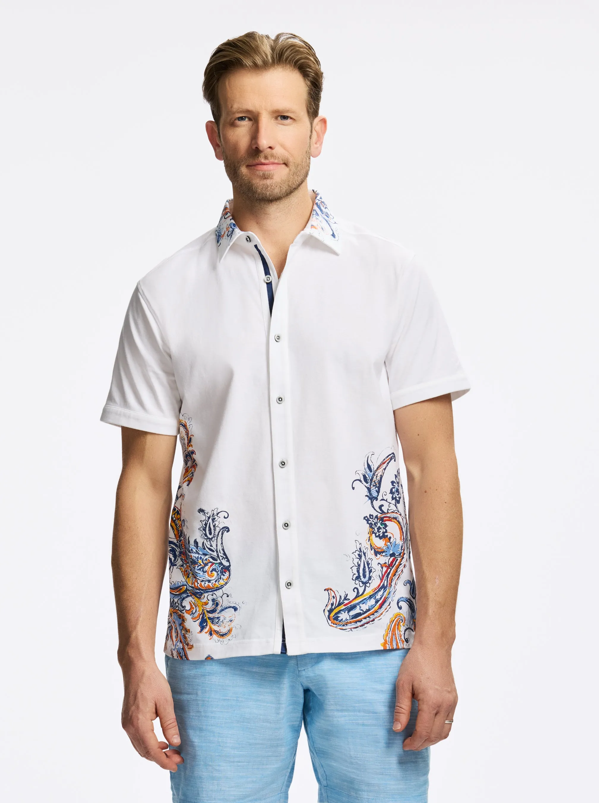 ORANGE PAISLEY SHORT SLEEVE BUTTON DOWN SHIRT sold by Robert Graham
