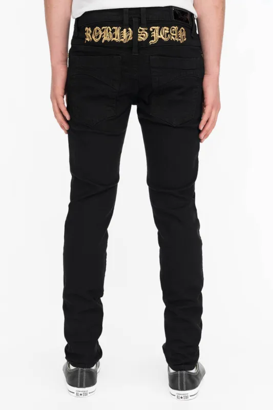 SKINNY IN PURE BLACK WITH GOLD O.E. LOGO made by Robin's Jean