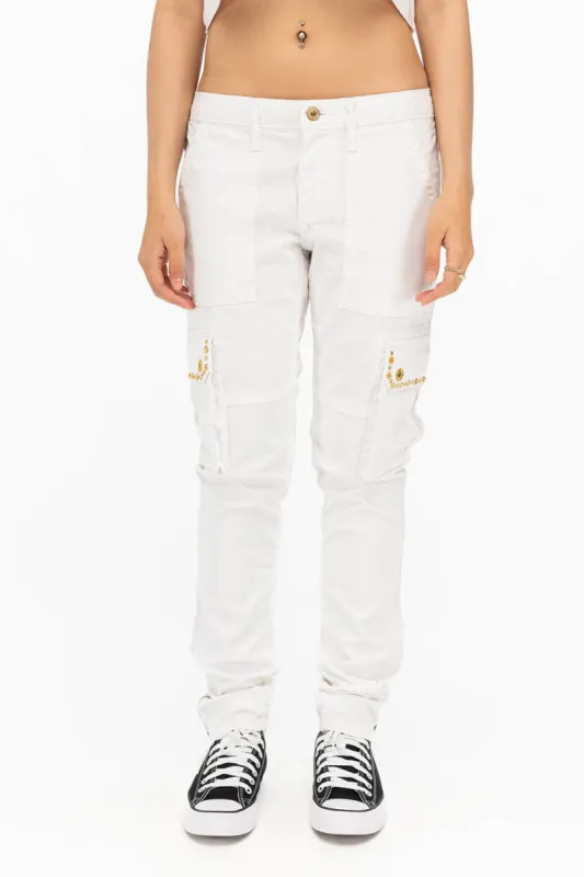 NEW MILITARY STYLE WOMENS SKINNY EMBELLISHED CARGO PANTS IN WHITE sold by Robin's Jean