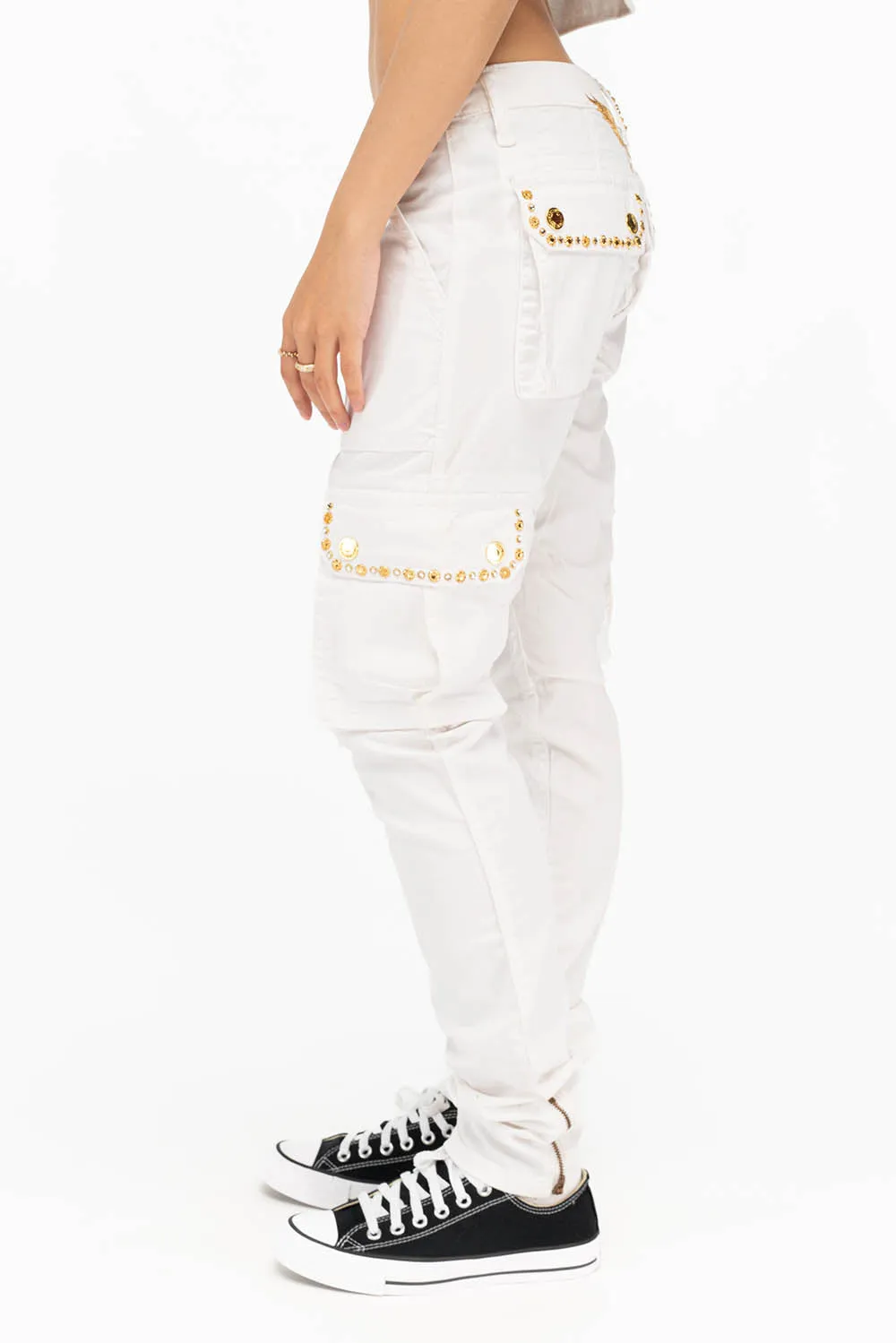 NEW MILITARY STYLE WOMENS SKINNY EMBELLISHED CARGO PANTS IN WHITE sold by Robin's Jean product image thumbnail 2