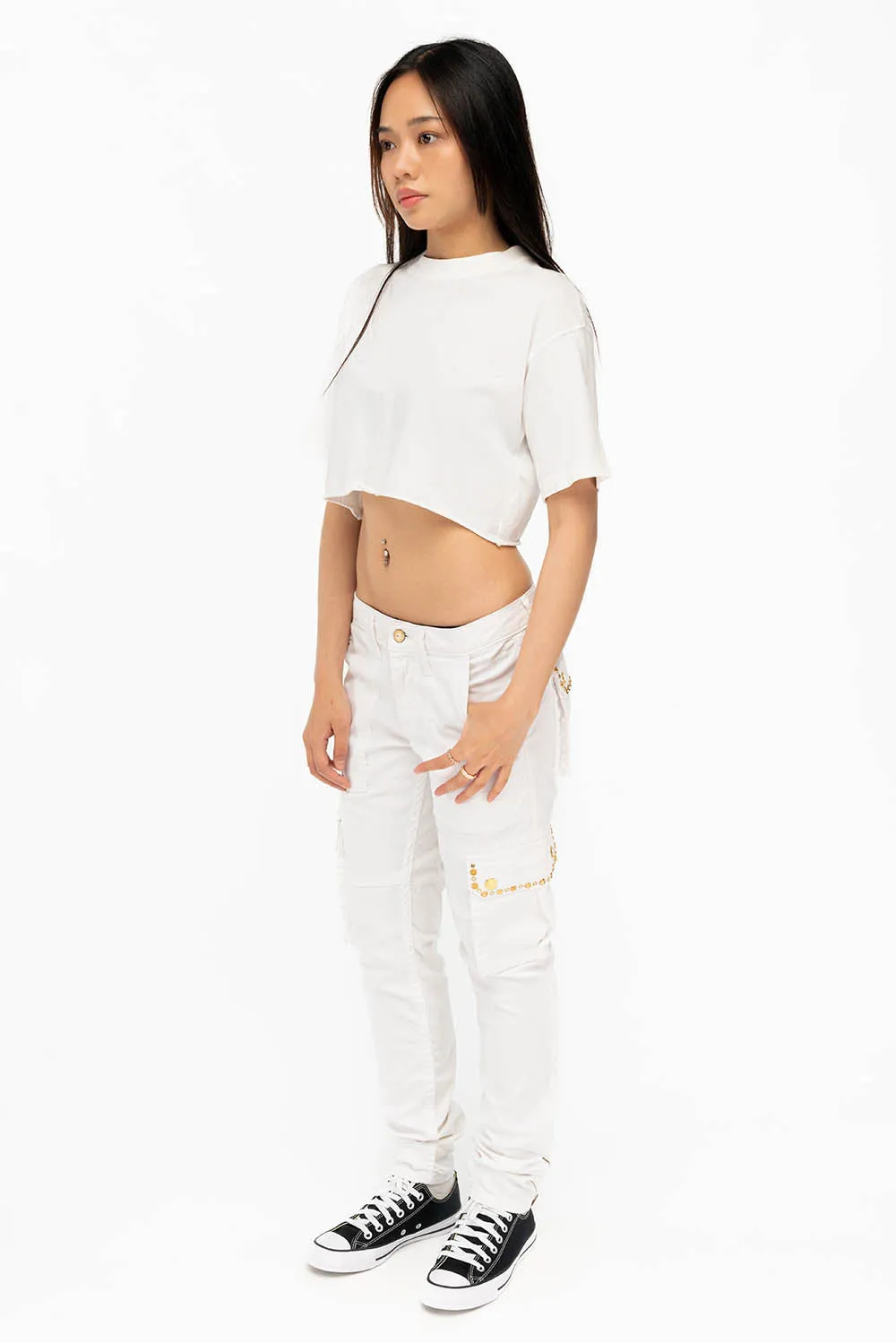 NEW MILITARY STYLE WOMENS SKINNY EMBELLISHED CARGO PANTS IN WHITE sold by Robin's Jean product image thumbnail 4