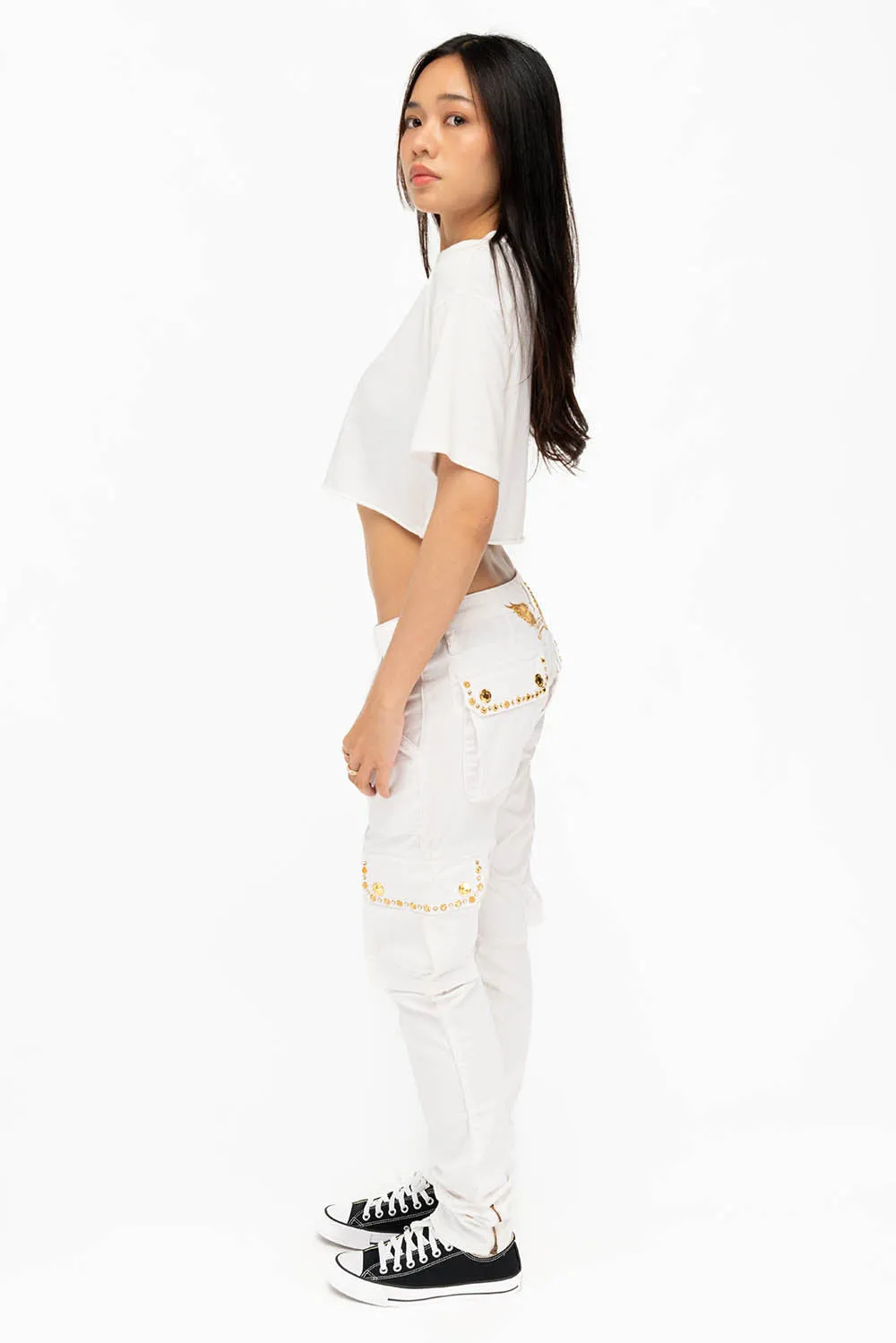NEW MILITARY STYLE WOMENS SKINNY EMBELLISHED CARGO PANTS IN WHITE sold by Robin's Jean product image thumbnail 5