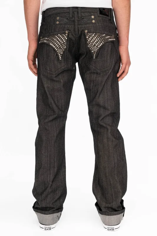 RAW DENIM COLLECTION MENS STRAIGHT LEG LONG FLAP JEANS WITH CRYSTALS sold by Robin's Jean
