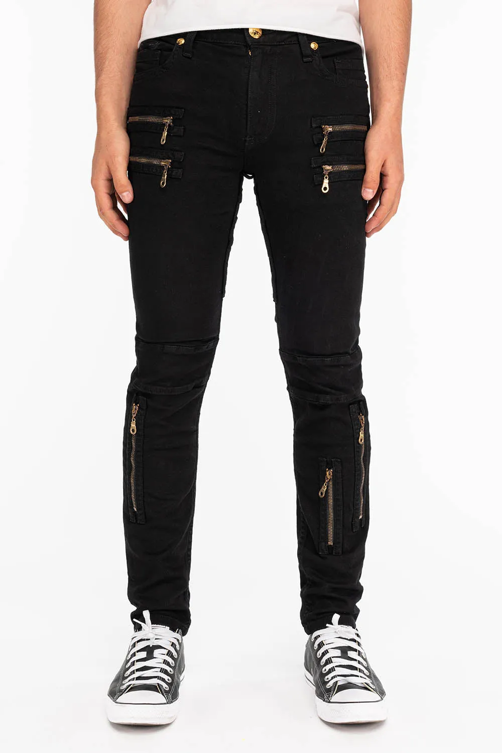 MENS NEW BIKER SKINNY JEANS IN PURE BLACK WITH WINGS sold by Robin's Jean
