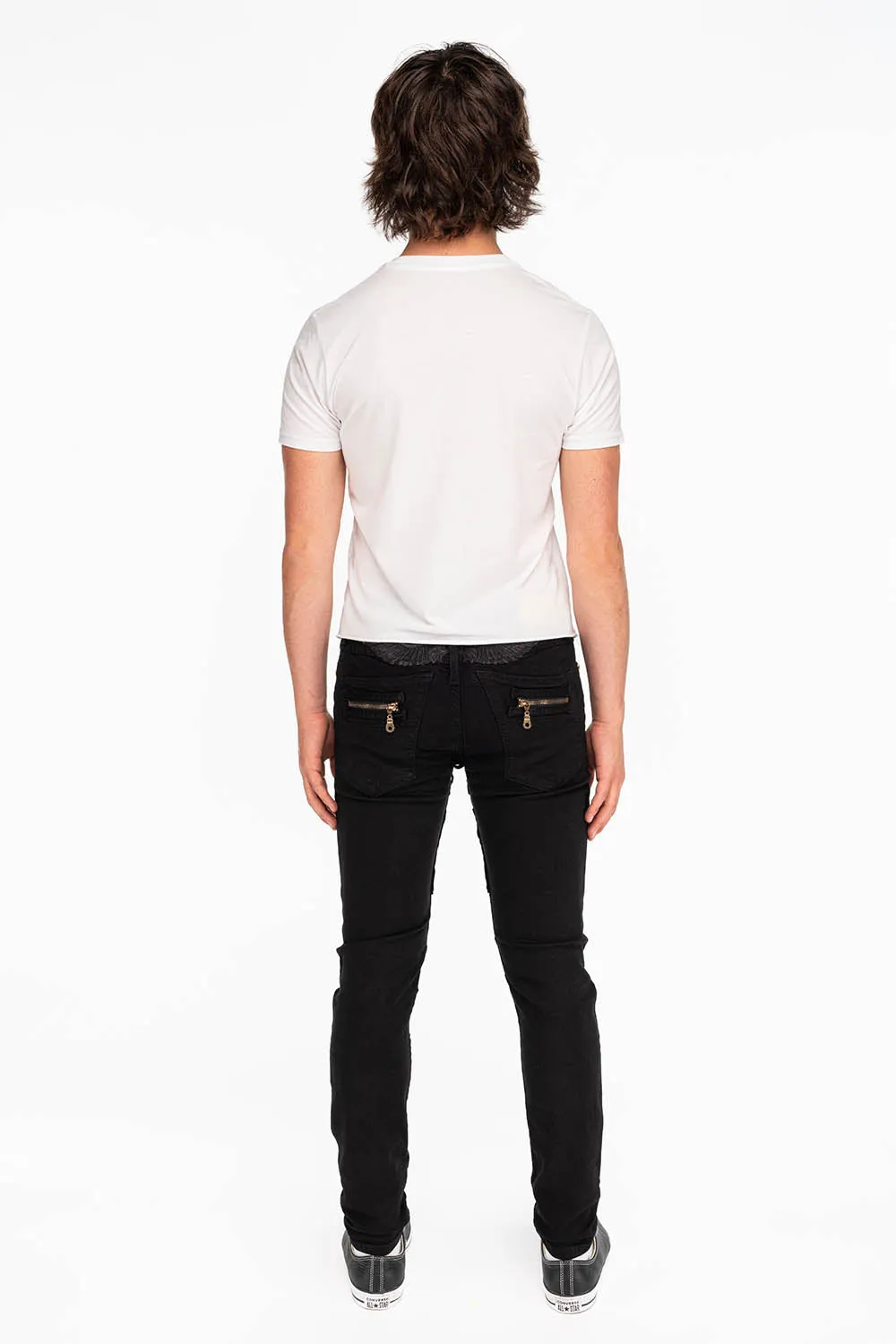 MENS NEW BIKER SKINNY JEANS IN PURE BLACK WITH WINGS sold by Robin's Jean product image thumbnail 5