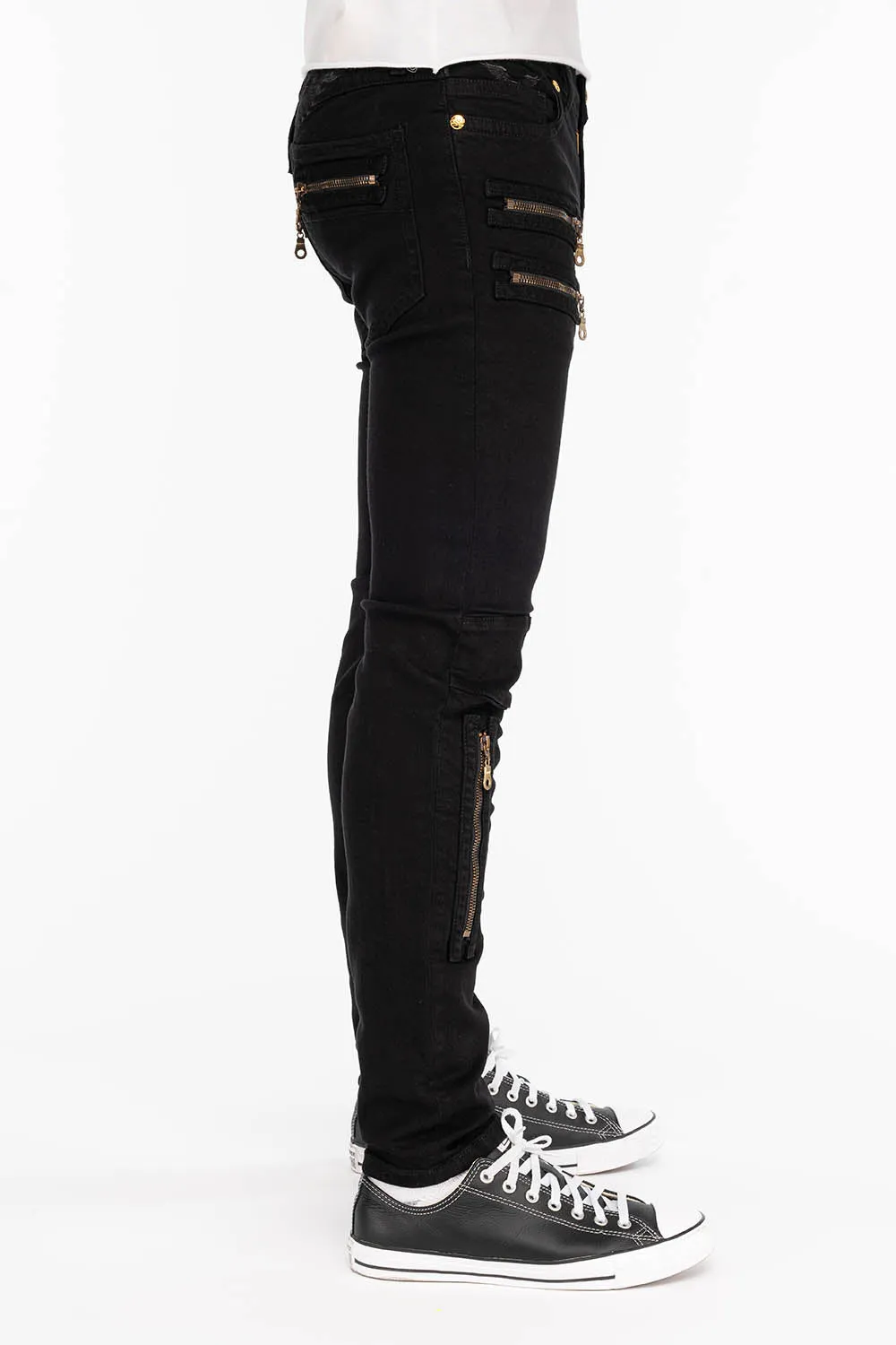 MENS NEW BIKER SKINNY JEANS IN PURE BLACK WITH WINGS sold by Robin's Jean product image thumbnail 3