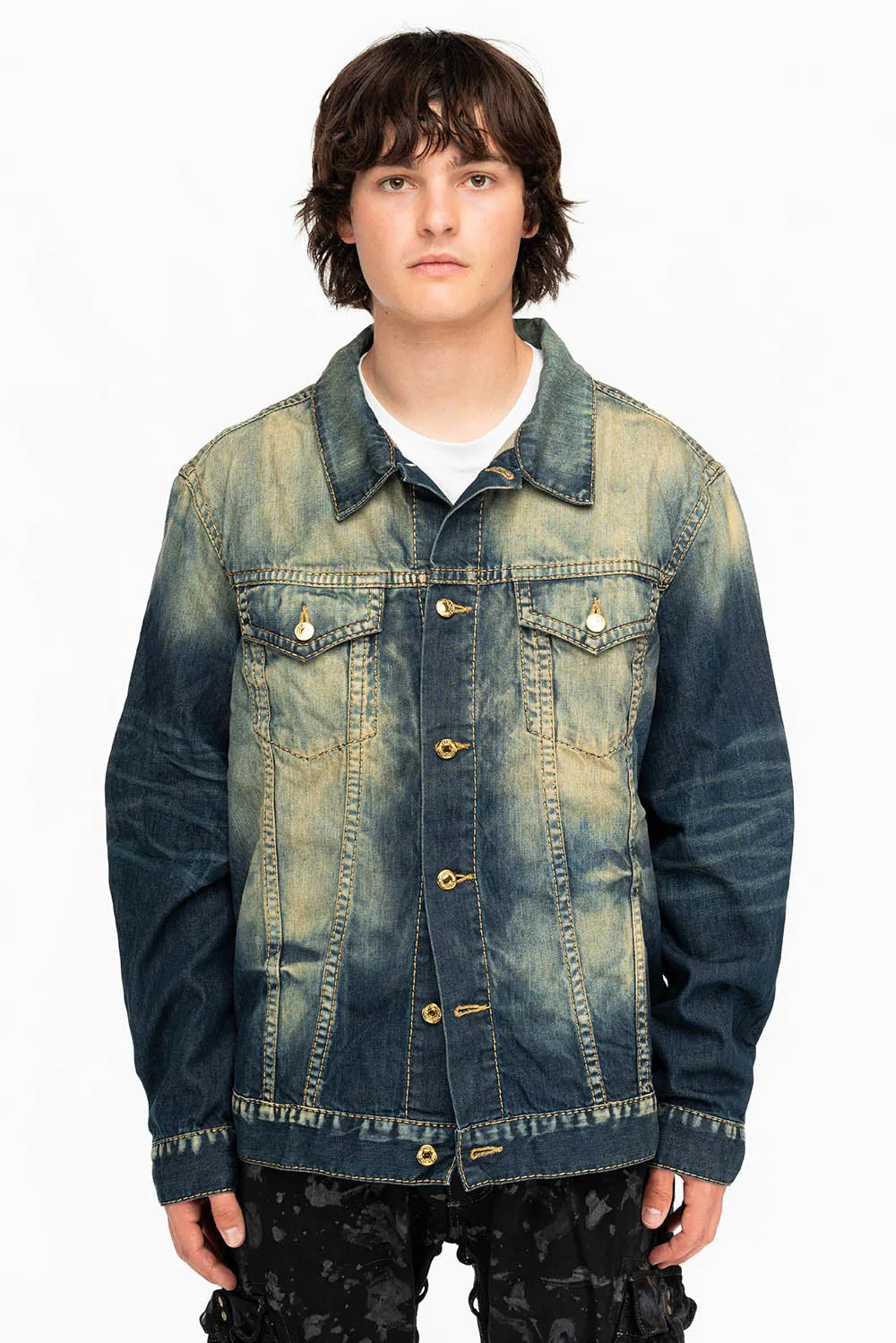 MENS DENIM JACKET IN ALBANY DARK WITH GOLD STITCHING AND WINGS sold by Robin's Jean