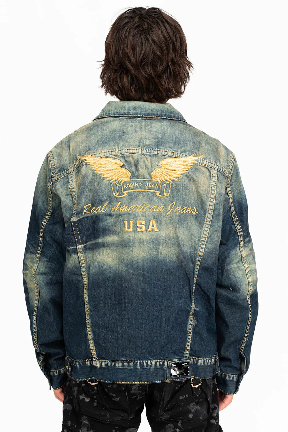 MENS DENIM JACKET IN ALBANY DARK WITH GOLD STITCHING AND WINGS sold by Robin's Jean product image thumbnail 2