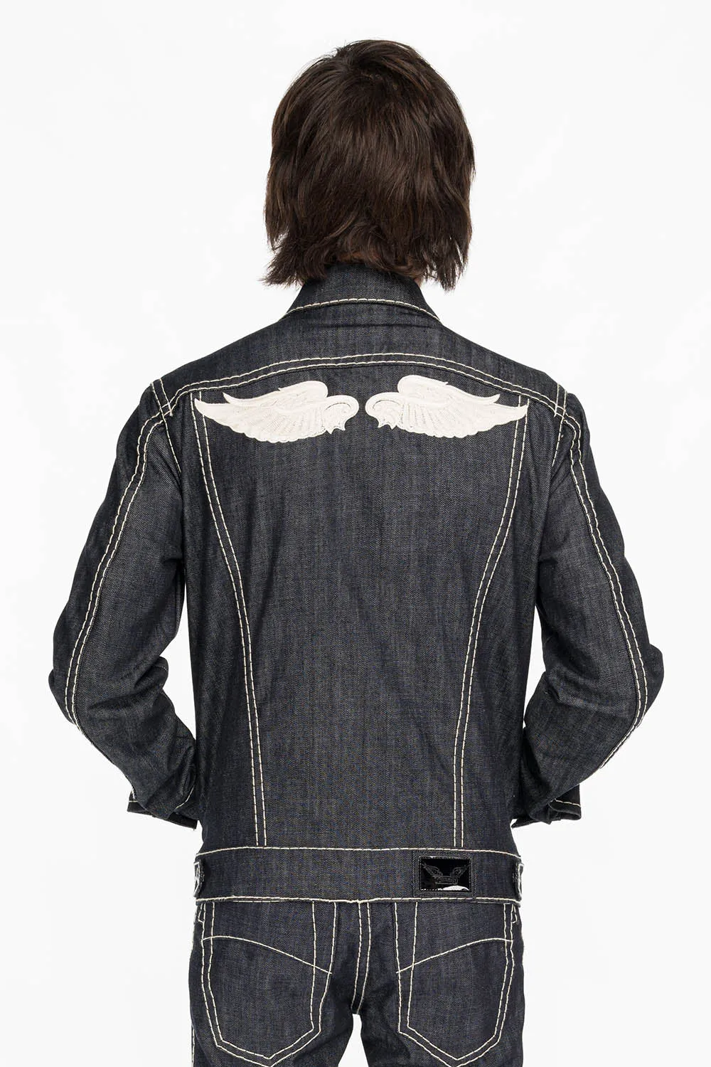 MENS DENIM JACKET IN RAW DENIM WITH HEAVY NATURAL WHITE STITCHING AND EMBROIDERED WINGS sold by Robin's Jean product image thumbnail 3