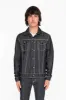 MENS DENIM JACKET IN RAW DENIM WITH HEAVY NATURAL WHITE STITCHING AND EMBROIDERED WINGS sold by Robin's Jean