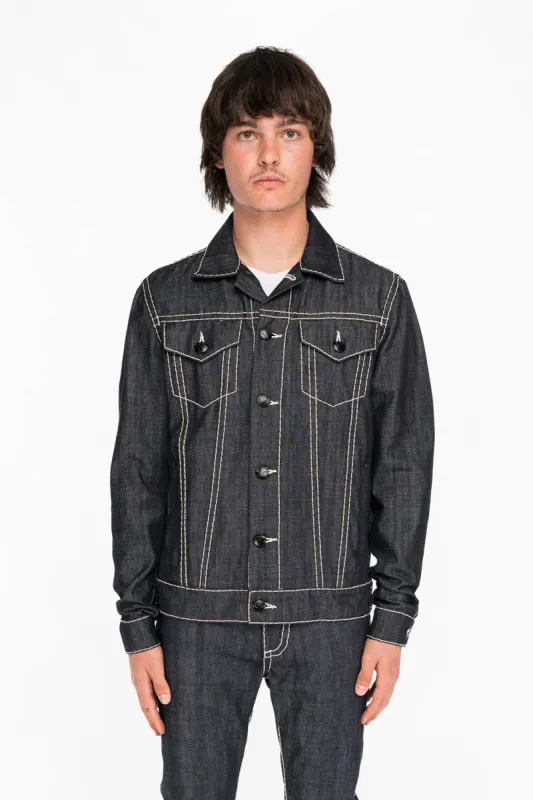 MENS DENIM JACKET IN RAW DENIM WITH HEAVY NATURAL WHITE STITCHING AND EMBROIDERED WINGS sold by Robin's Jean