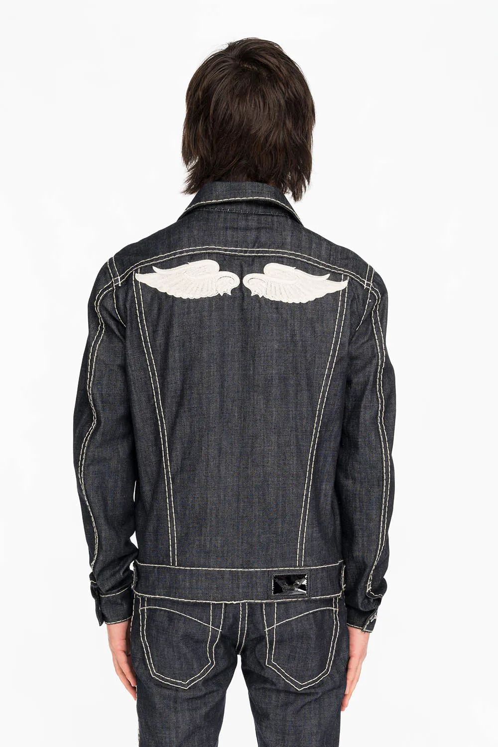 MENS DENIM JACKET IN RAW DENIM WITH HEAVY NATURAL WHITE STITCHING AND EMBROIDERED WINGS sold by Robin's Jean product image thumbnail 2
