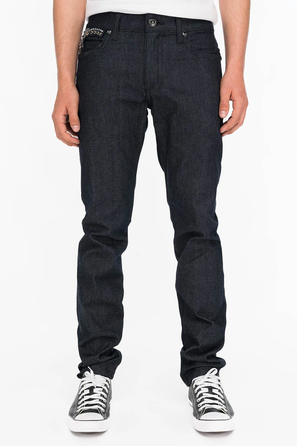 MENS RAW DENIM SLIM FIT KILLER FLAP JEANS WITH TWO TONE EMBROIDERED WINGS AND CRYSTALS sold by Robin's Jean product image thumbnail 3