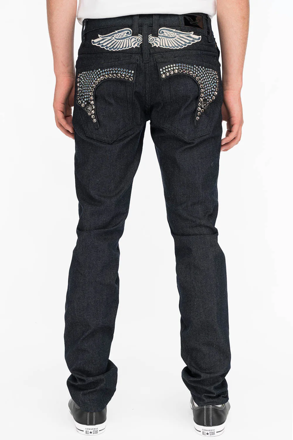 MENS RAW DENIM SLIM FIT KILLER FLAP JEANS WITH TWO TONE EMBROIDERED WINGS AND CRYSTALS sold by Robin's Jean