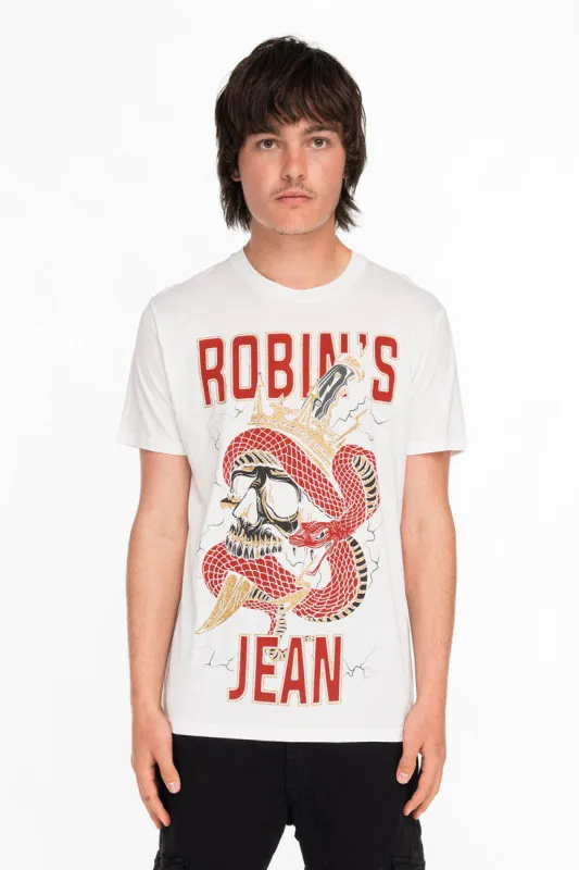 ROBINS SNAKE SKULL GOLD GLITTER TEE IN WHITE sold by Robin's Jean