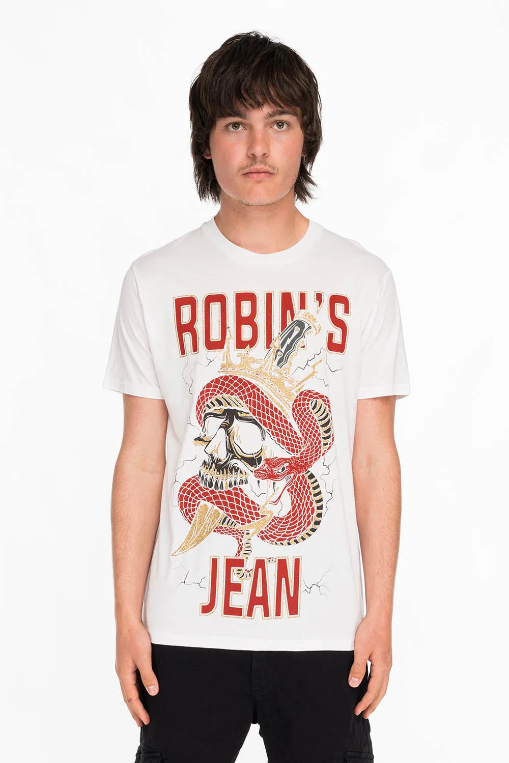 ROBINS SNAKE SKULL GOLD GLITTER TEE IN WHITE sold by Robin's Jean
