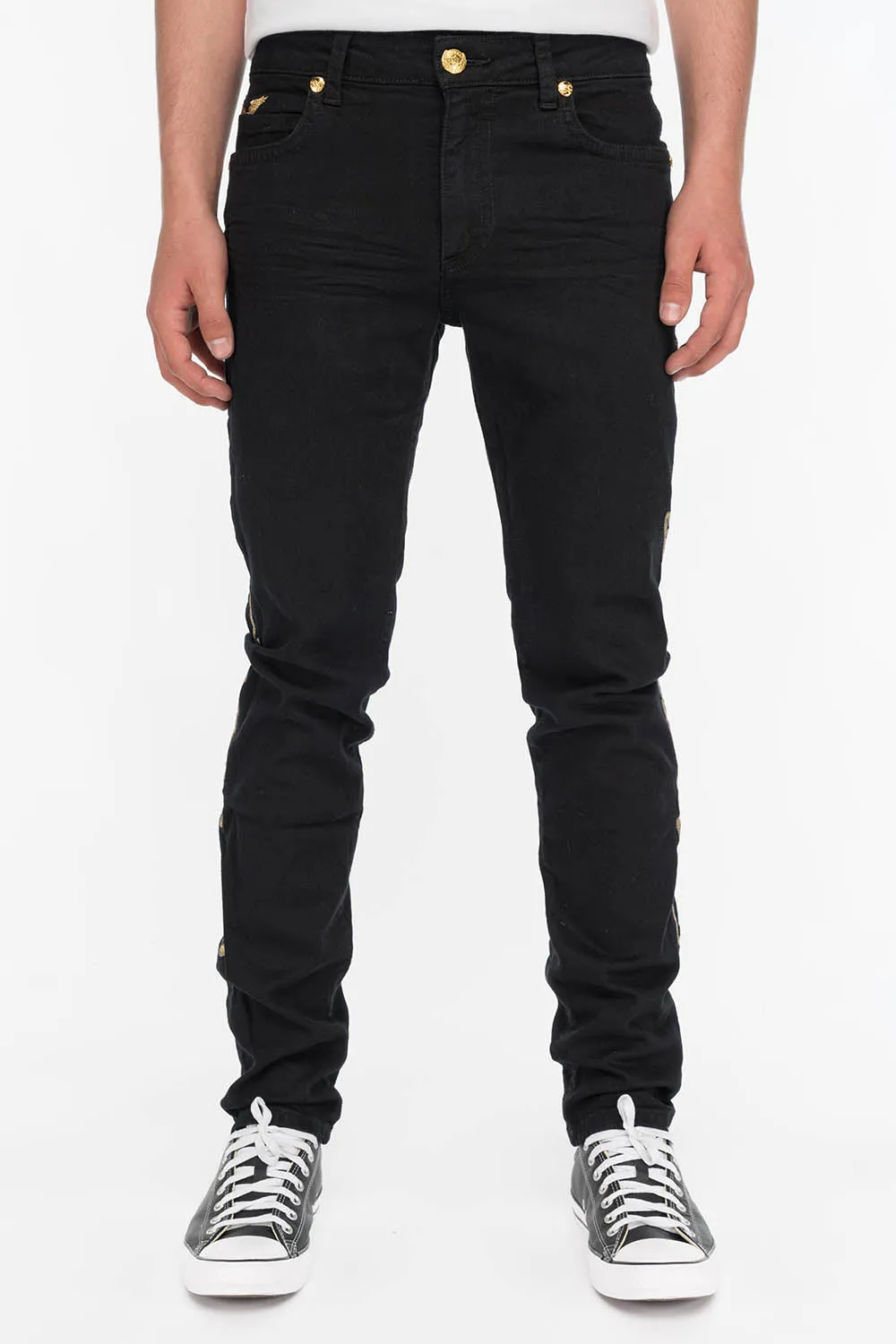 SKINNY MENS JEANS IN PURE BLACK WITH GOLD EMBROIDERY sold by Robin's Jean product image thumbnail 2