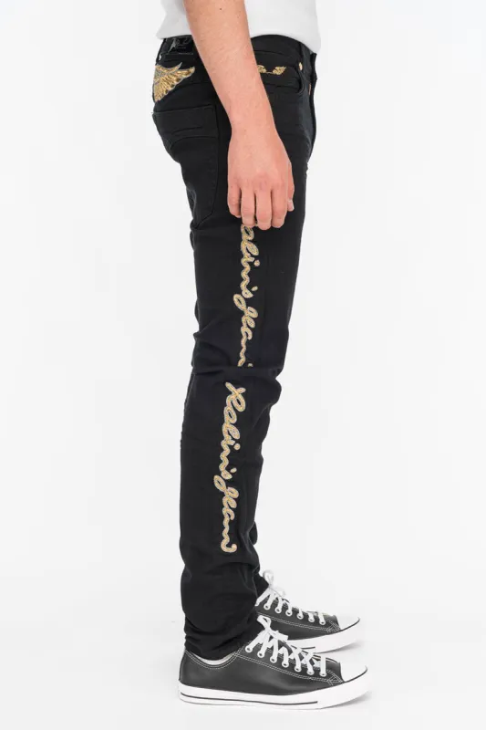 SKINNY MENS JEANS IN PURE BLACK WITH GOLD EMBROIDERY sold by Robin's Jean