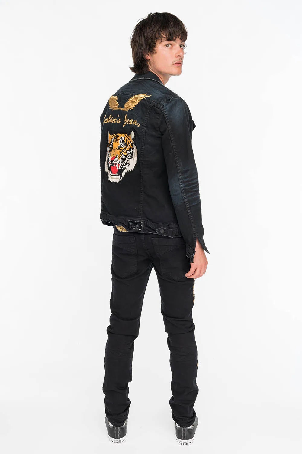 SKINNY MENS JEANS IN PURE BLACK WITH GOLD EMBROIDERY sold by Robin's Jean product image thumbnail 5