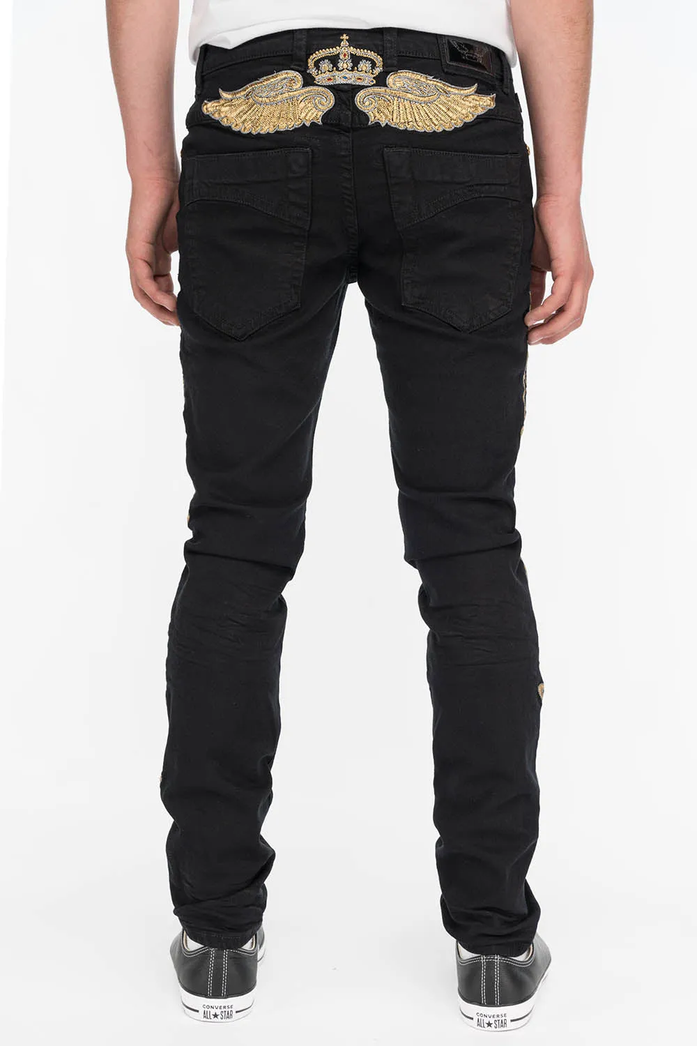 SKINNY MENS JEANS IN PURE BLACK WITH GOLD EMBROIDERY sold by Robin's Jean product image thumbnail 3