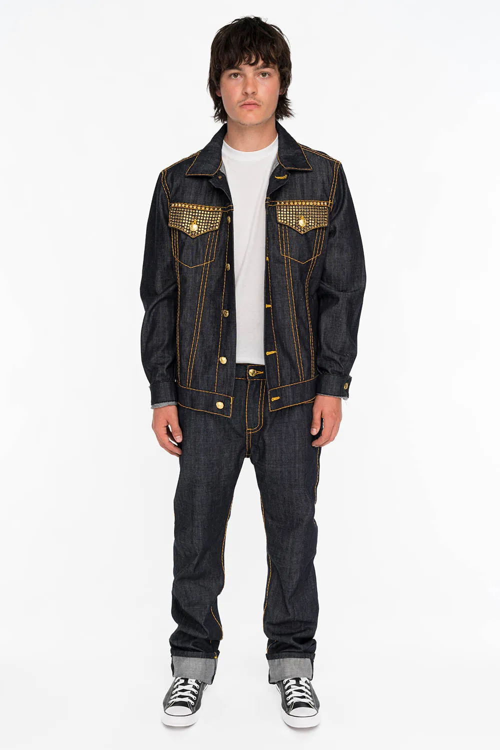 MENS RAW DENIM SLIM FIT CLASSIC JEANS WITH ORANGE HEAVY STITCHING STUDS AND CRYSTALS sold by Robin's Jean product image thumbnail 4