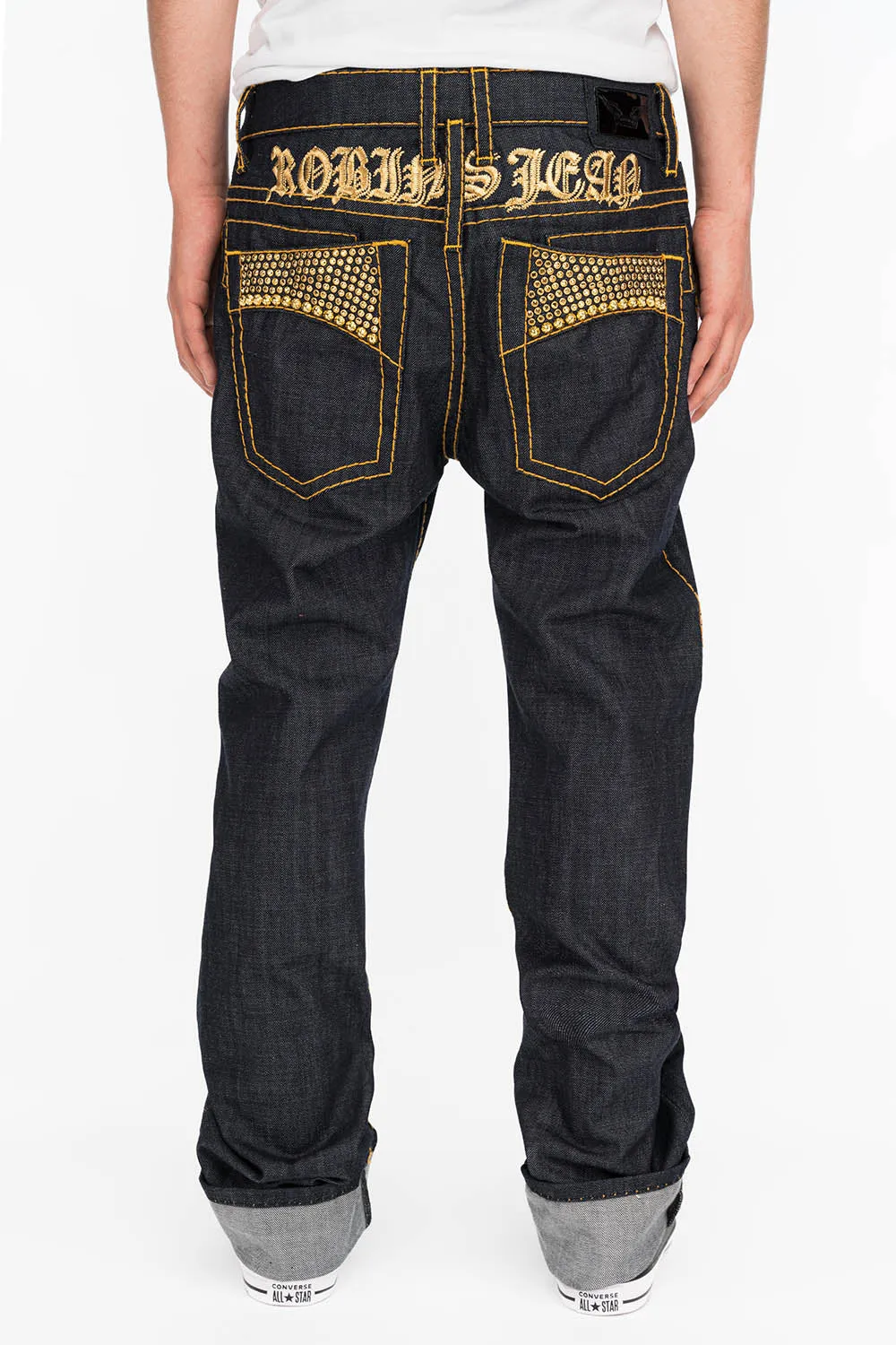 MENS RAW DENIM SLIM FIT CLASSIC JEANS WITH ORANGE HEAVY STITCHING STUDS AND CRYSTALS sold by Robin's Jean