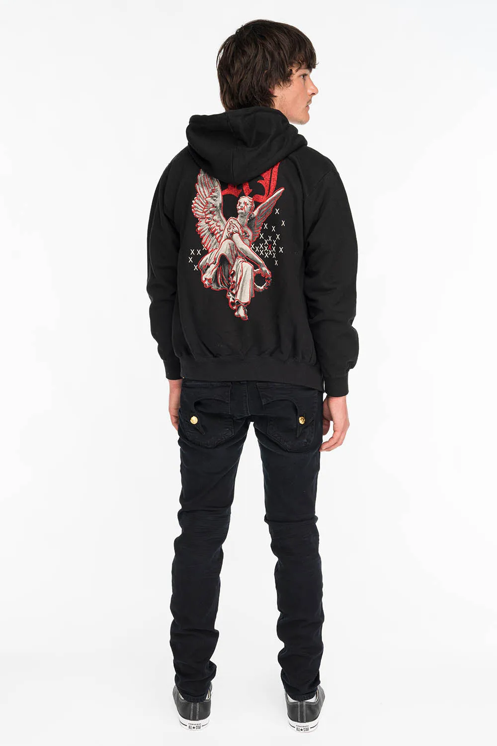 KILLER FLAP MENS SKINNY JEANS IN F_UP BLACK WITH GOLD O.E. LOGO sold by Robin's Jean product image thumbnail 5