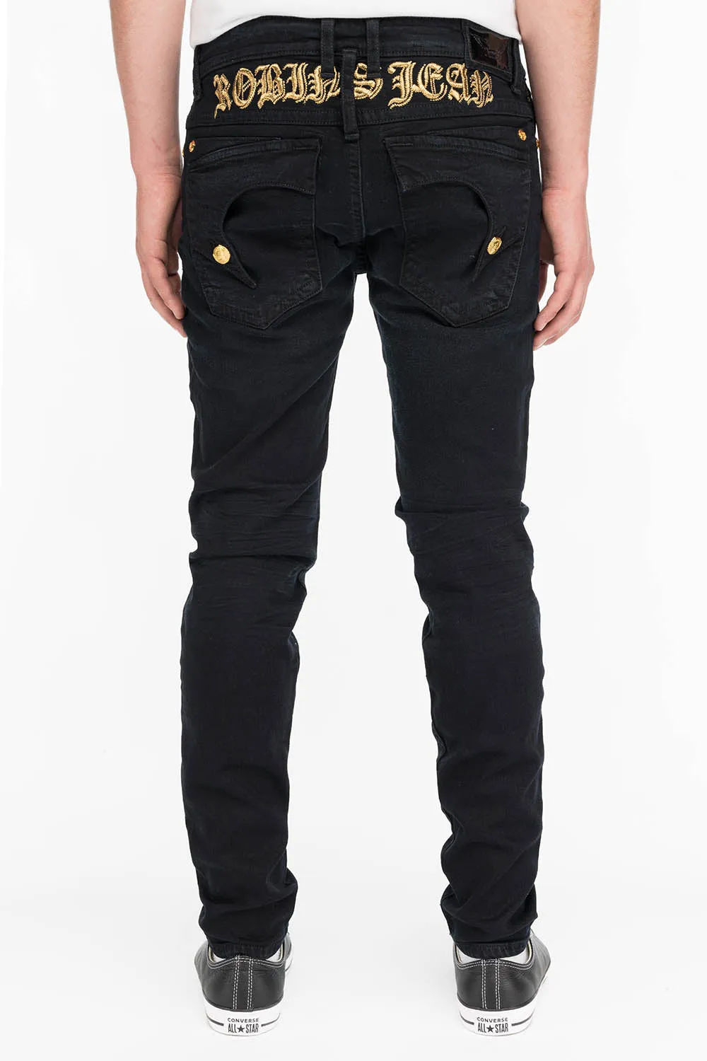 KILLER FLAP MENS SKINNY JEANS IN F_UP BLACK WITH GOLD O.E. LOGO sold by Robin's Jean product image thumbnail 3